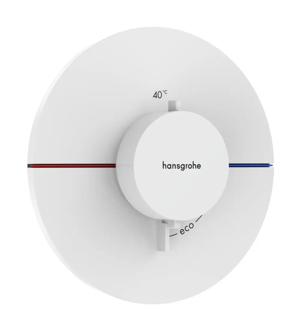 Thermostat von Hansgrohe in mattem Weiß mit Drehknopf zur Temperatureinstellung und Eco-Funktion, eingebaut in eine flache Wandoberfläche.